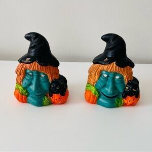 Vintage Halloween Witch Candle Holder’s Hand Painted Black Cat Jack O Lantern